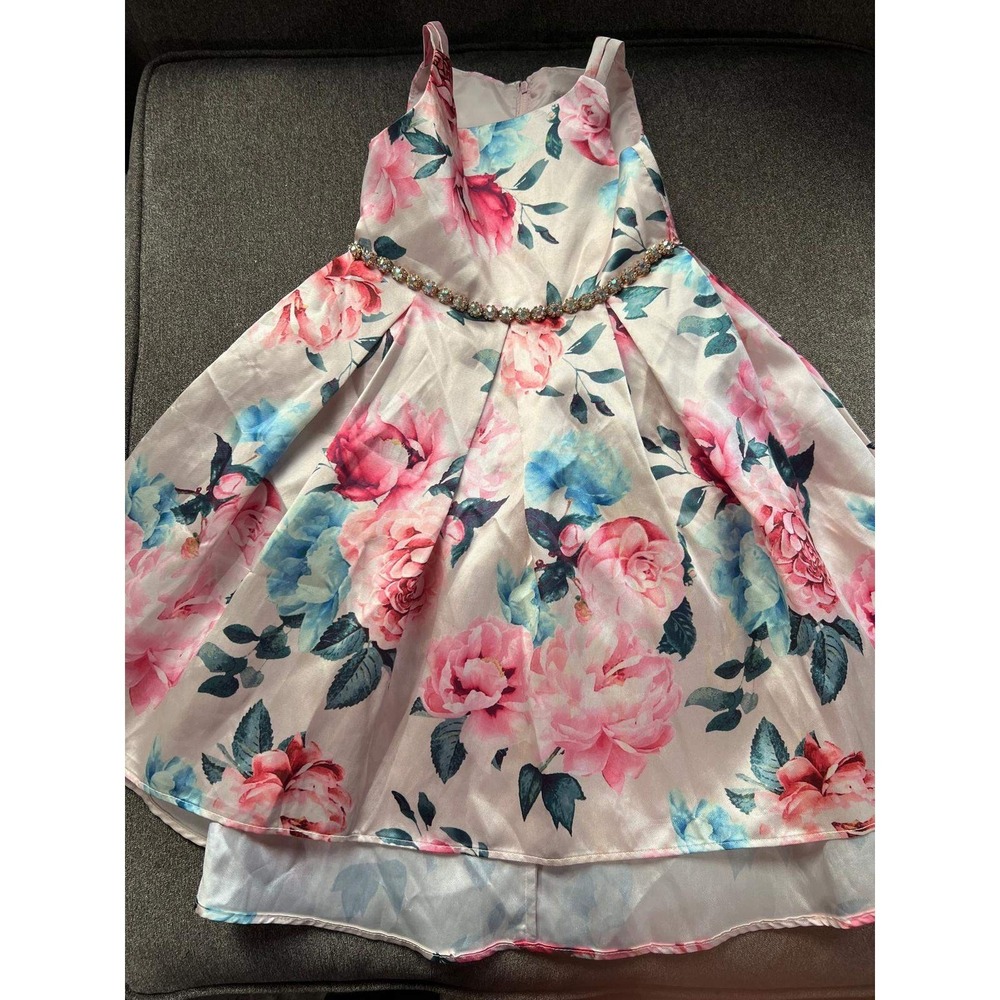 Rare Edition Floral Party Dress Kids Size 6 Pink Blue Rhinestone High-Low Hem